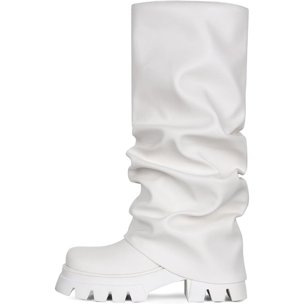 Women's White Fold Over Boots‎ Slouchy Boots Wide Calf Pleated Platform Boots